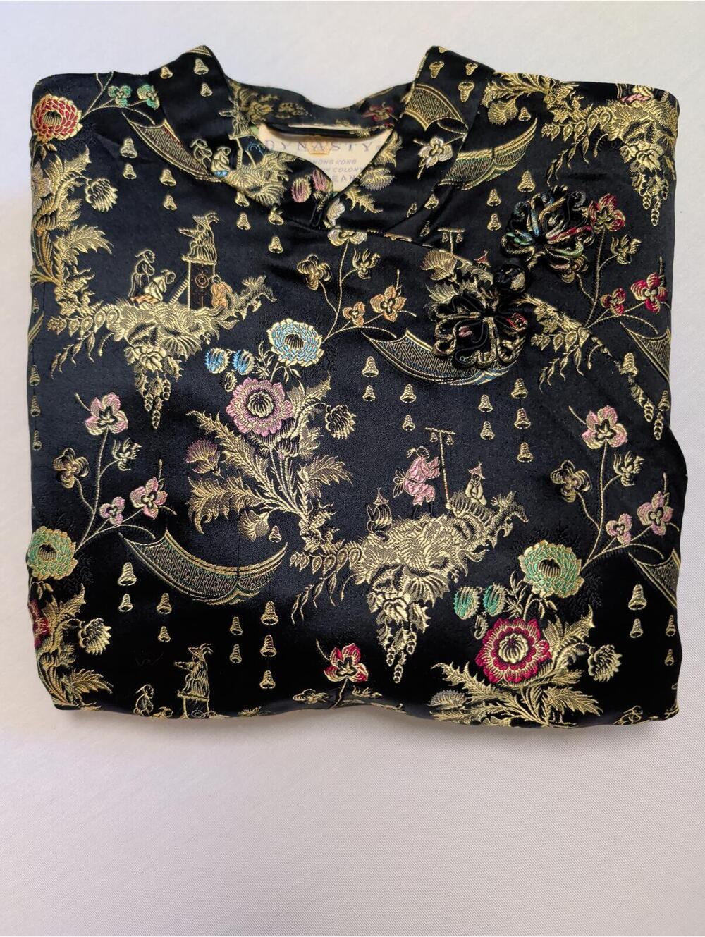 Vintage 50/60's DYNASTY Hong Kong  Black Brocade Cheongsam Floral Dress Size 10 - Picture 8 of 9